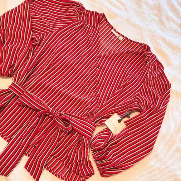 HINGE Red & White Striped Wrap Blouse - Picture 3 of 16
